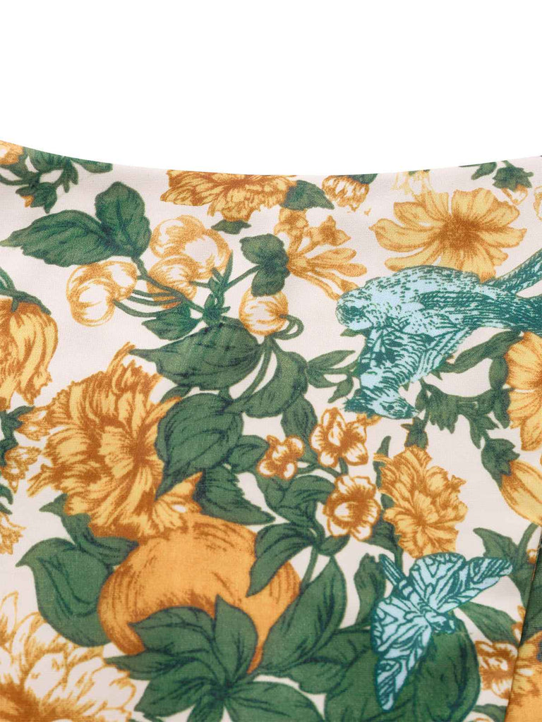 2PCS Yellow 1950s Floral Wide Strap Top & Mini Skirt