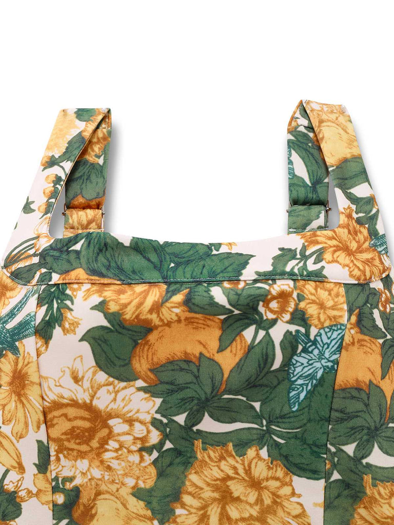2PCS Yellow 1950s Floral Wide Strap Top & Mini Skirt