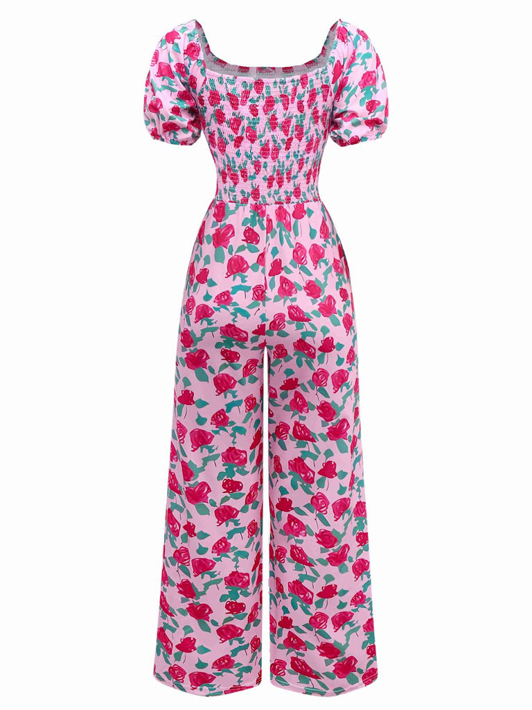 Pink 1930s Rose Puff Sleeve Jumpsuit