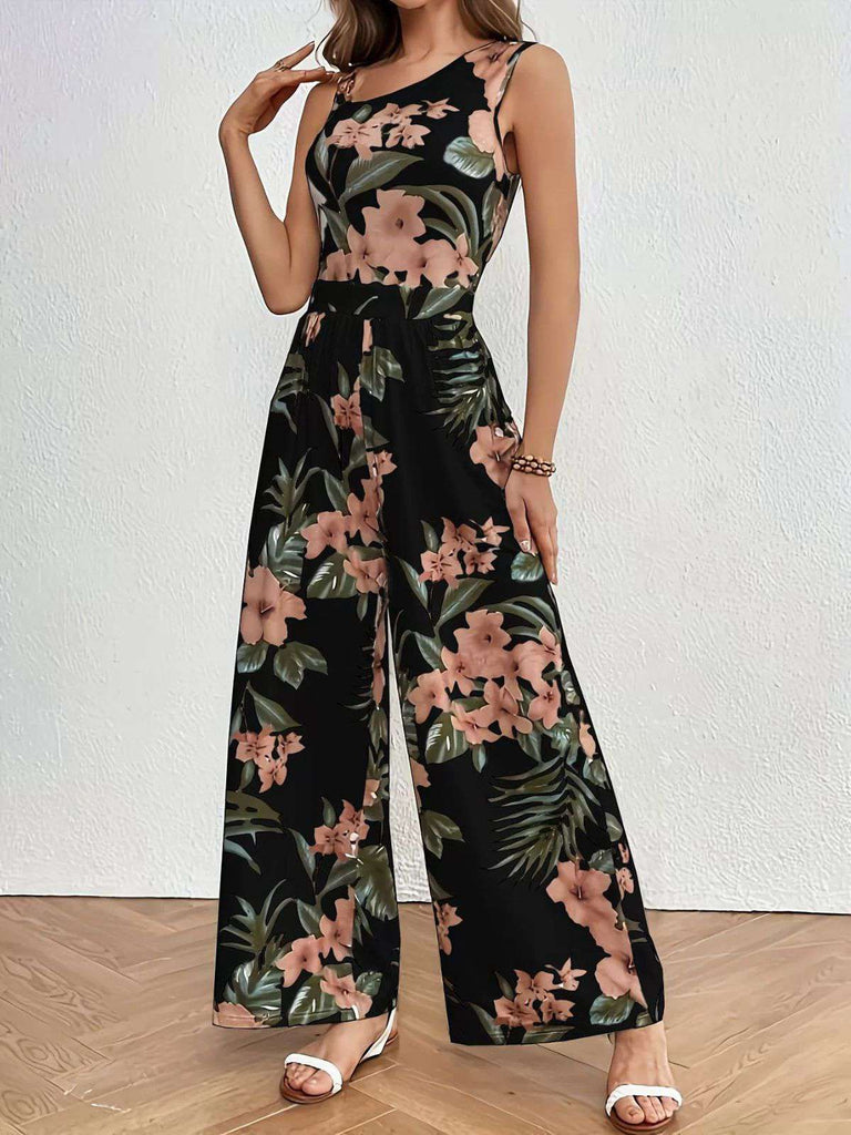 Black 1930s Floral Leaf Asymmetric Sleeveless Jumpsuit
