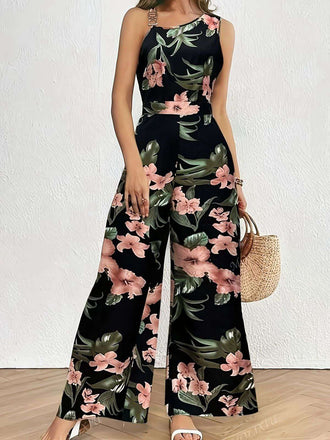 Black 1930s Floral Leaf Asymmetric Sleeveless Jumpsuit