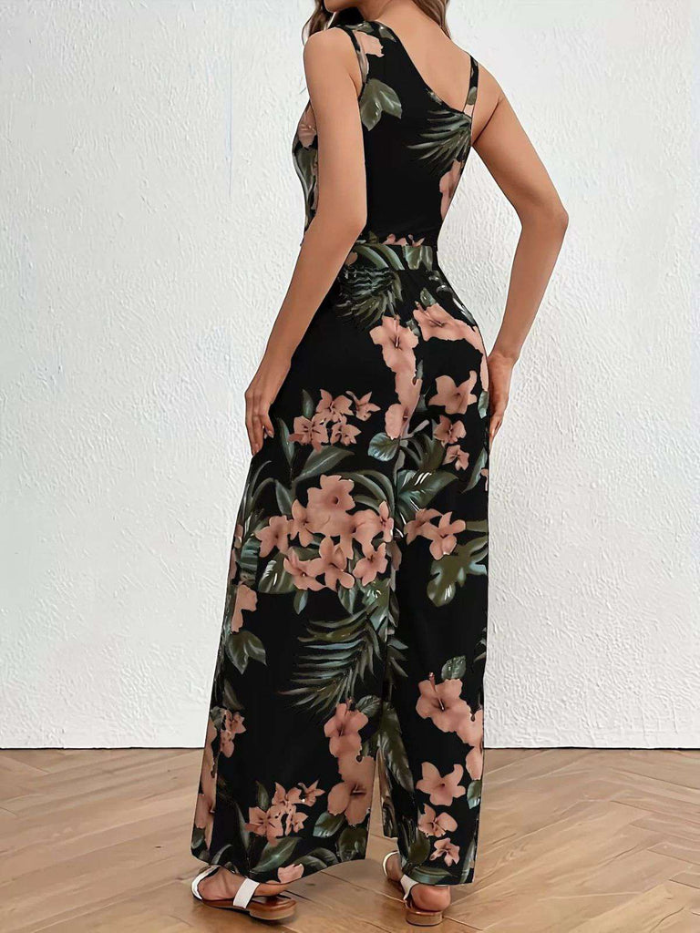 Black 1930s Floral Leaf Asymmetric Sleeveless Jumpsuit