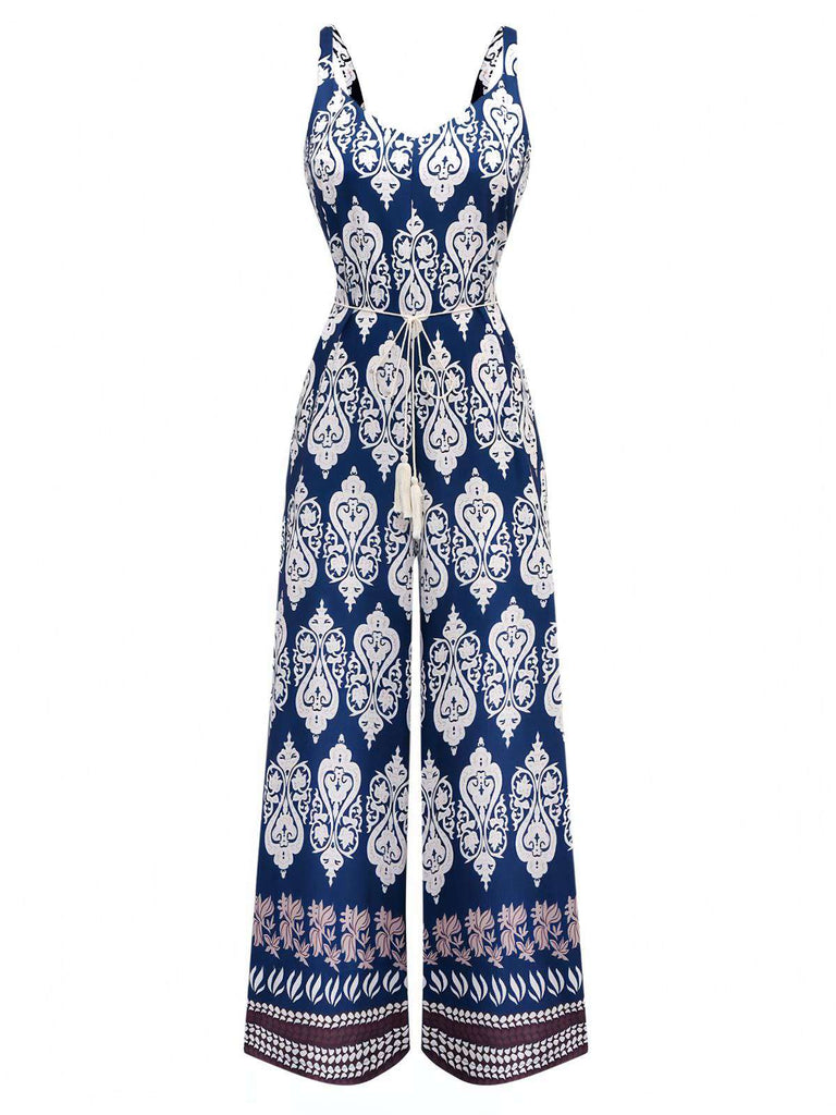 Blue 1970s Boho Ethnic Print Strap Belted Jumpsuit