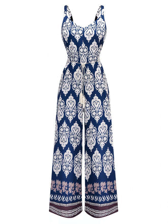 Blue 1970s Boho Ethnic Print Strap Belted Jumpsuit