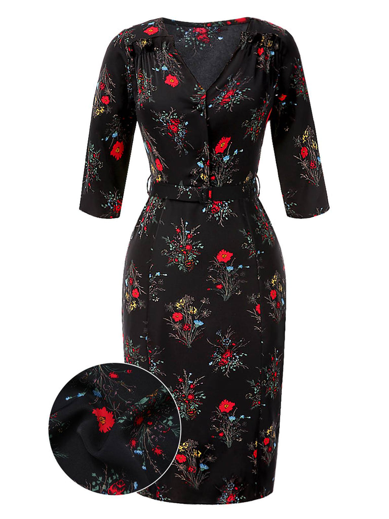 [Pre-Sale] Black 1960s Three-Quater Sleeve Floral Pencil Dress