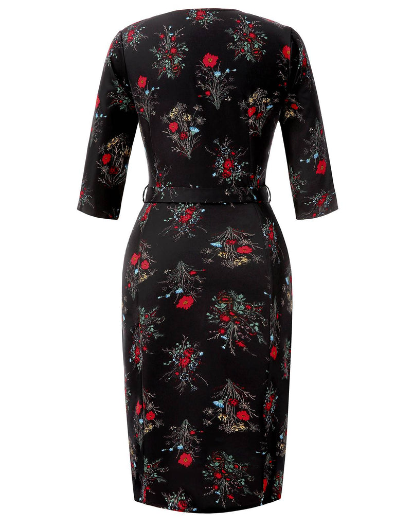[Pre-Sale] Black 1960s Three-Quater Sleeve Floral Pencil Dress