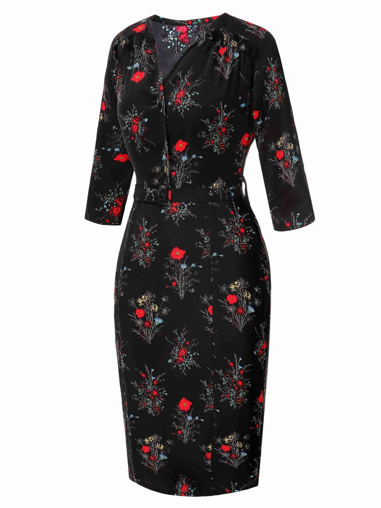 [Pre-Sale] Black 1960s Three-Quater Sleeve Floral Pencil Dress