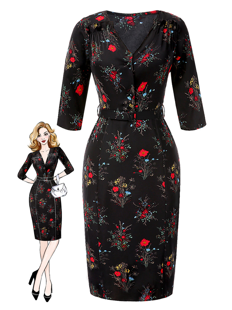 [Pre-Sale] Black 1960s Three-Quater Sleeve Floral Pencil Dress