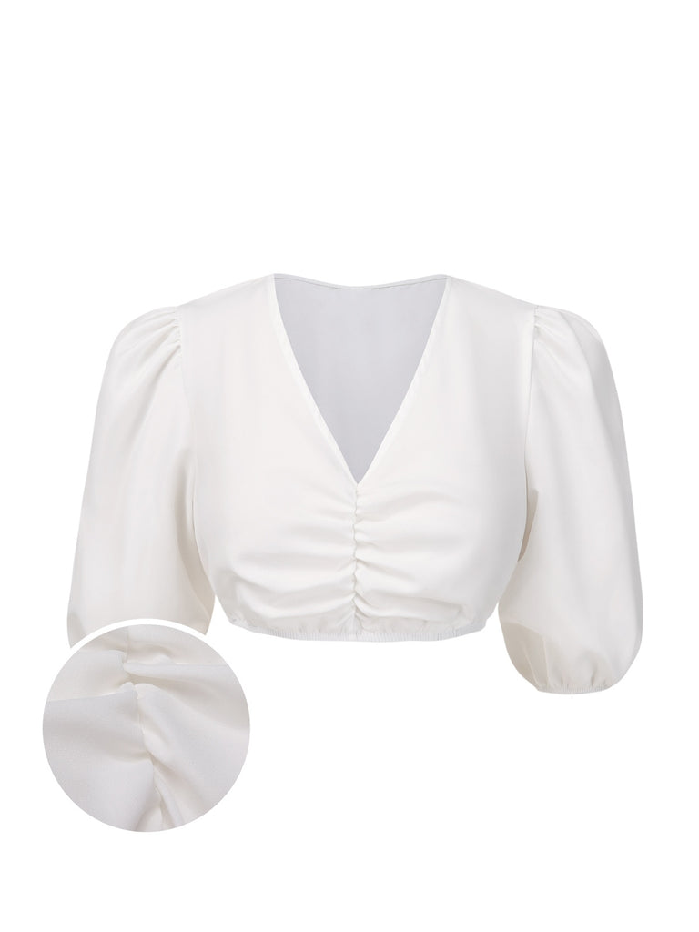 [Pre-Sale] White 1950s Ruched V-Neck Puff Sleeve Crop Top