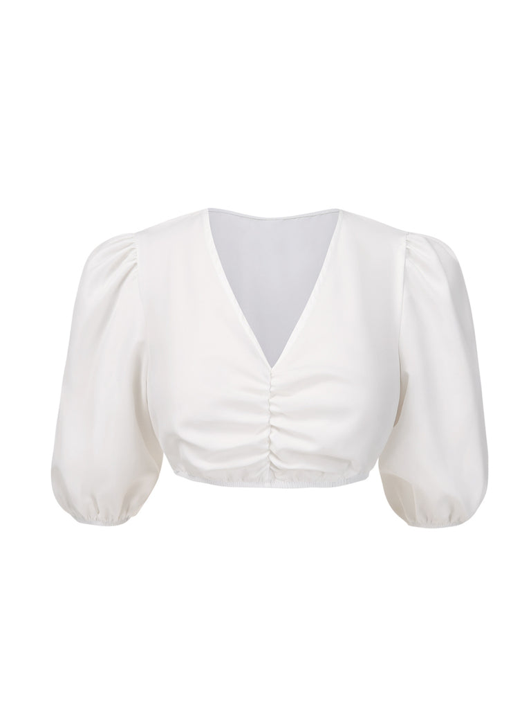 [Pre-Sale] White 1950s Ruched V-Neck Puff Sleeve Crop Top