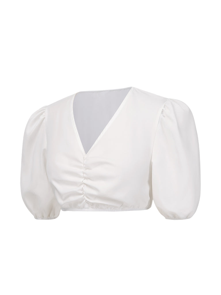 [Pre-Sale] White 1950s Ruched V-Neck Puff Sleeve Crop Top