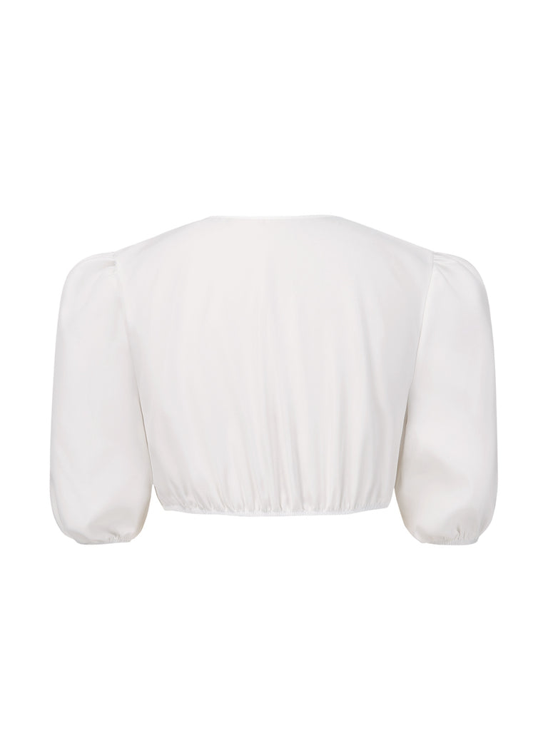 [Pre-Sale] White 1950s Ruched V-Neck Puff Sleeve Crop Top