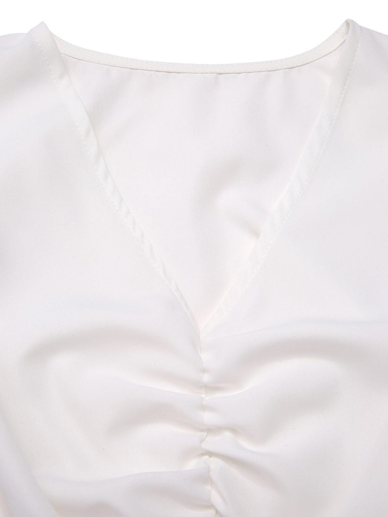 [Pre-Sale] White 1950s Ruched V-Neck Puff Sleeve Crop Top