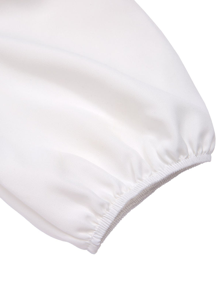 [Pre-Sale] White 1950s Ruched V-Neck Puff Sleeve Crop Top