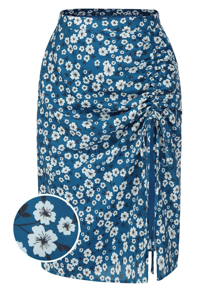 [Pre-Sale] Blue 1960s Daisy Print Chiffon Ruched Pencil Skirt