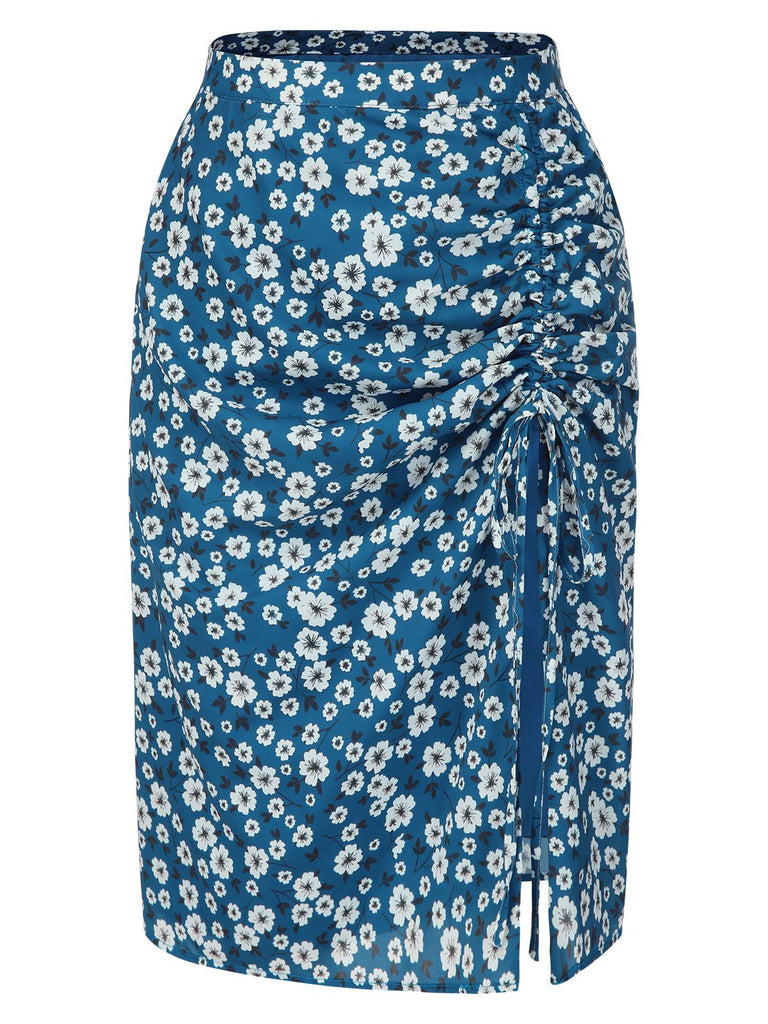 [Pre-Sale] Blue 1960s Daisy Print Chiffon Ruched Pencil Skirt