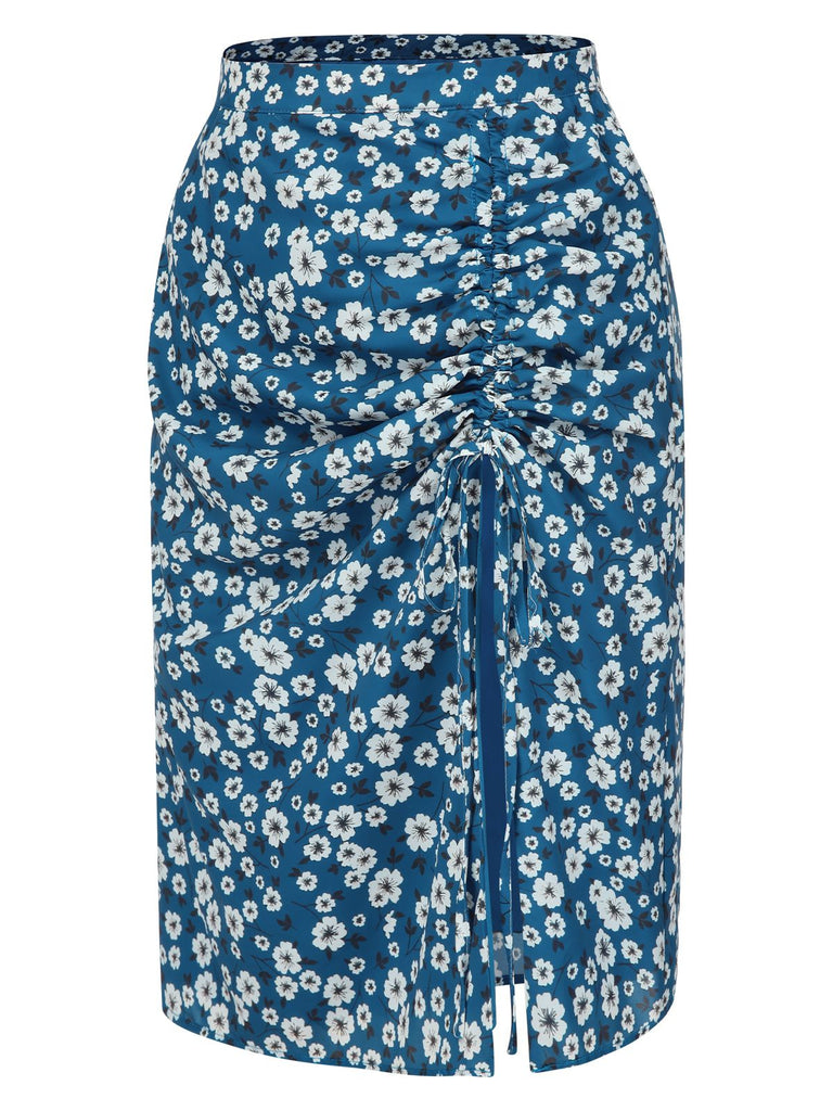 [Pre-Sale] Blue 1960s Daisy Print Chiffon Ruched Pencil Skirt
