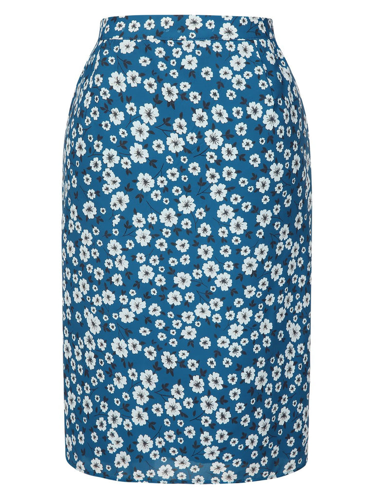 [Pre-Sale] Blue 1960s Daisy Print Chiffon Ruched Pencil Skirt