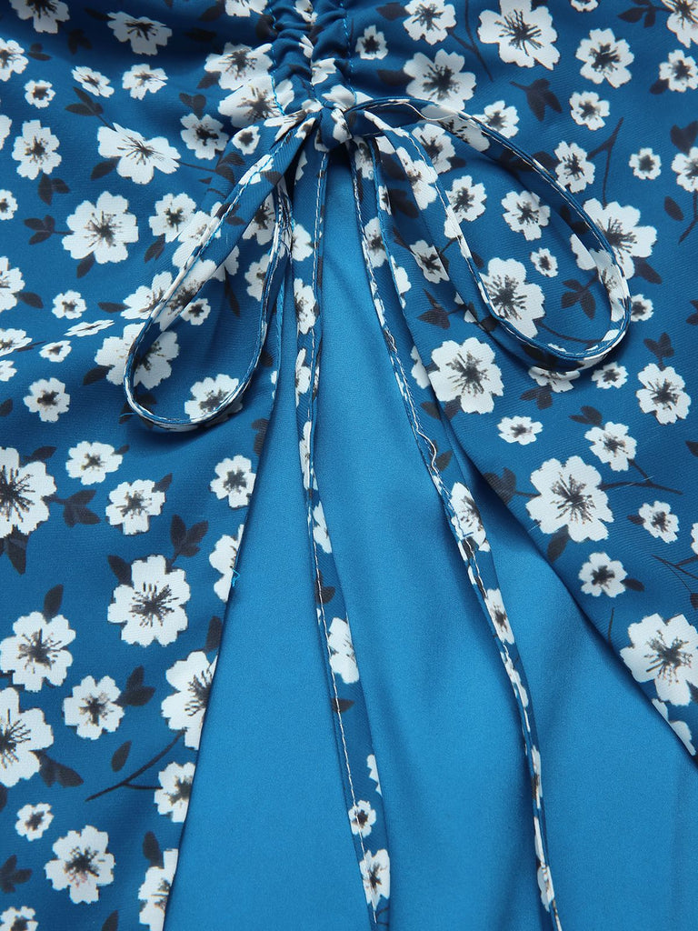 [Pre-Sale] Blue 1960s Daisy Print Chiffon Ruched Pencil Skirt