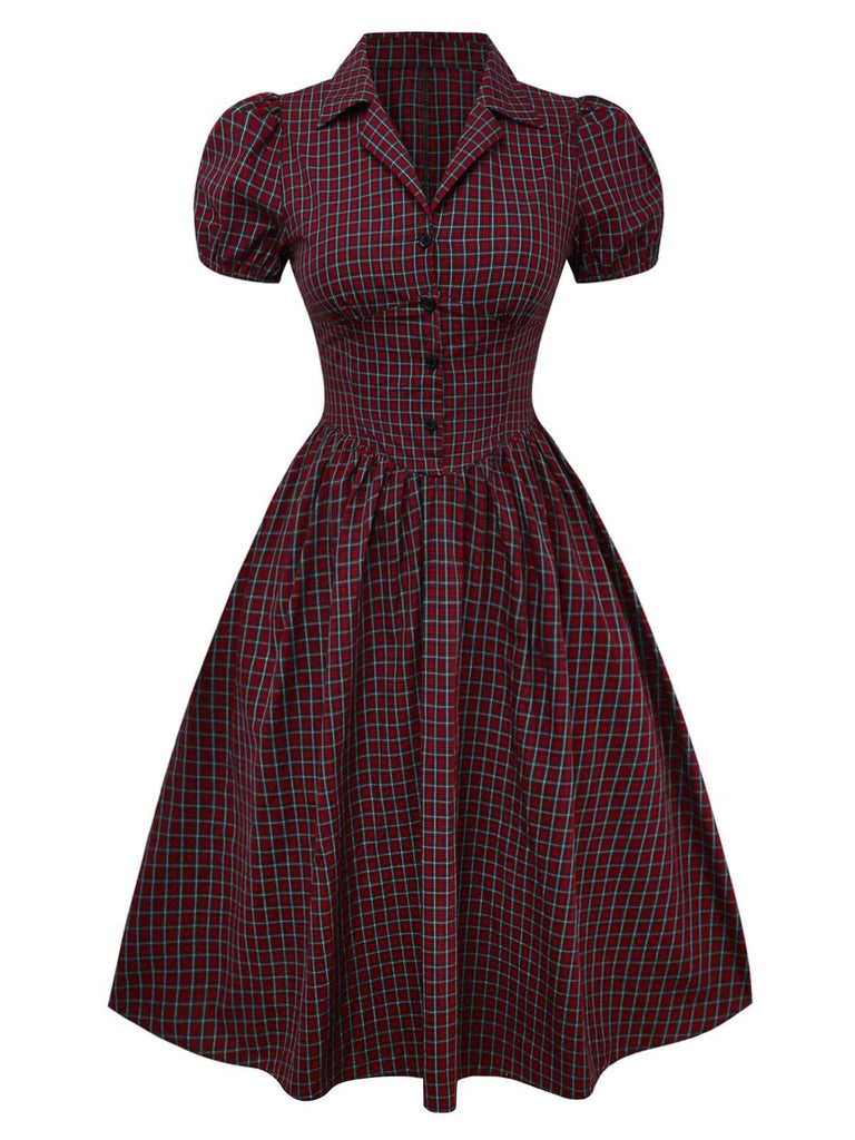 [Pre-sale] Red 1950s Plaid Lapel Puff Sleeves Cotton Dress
