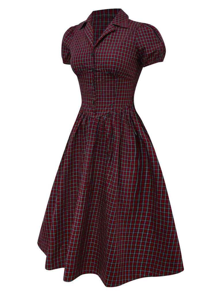 [Pre-sale] Red 1950s Plaid Lapel Puff Sleeves Cotton Dress