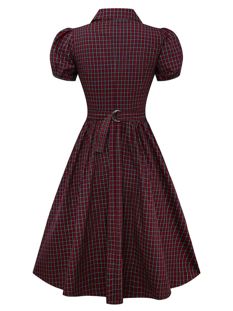 [Pre-sale] Red 1950s Plaid Lapel Puff Sleeves Cotton Dress