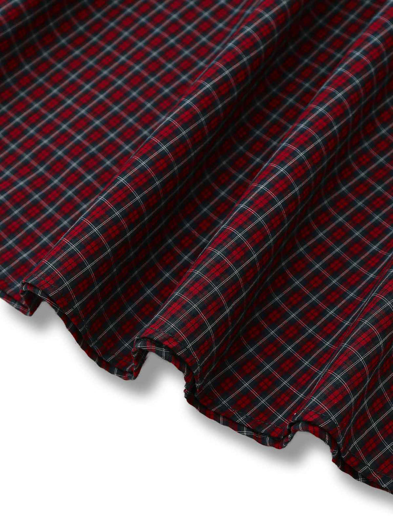 [Pre-sale] Red 1950s Plaid Lapel Puff Sleeves Cotton Dress