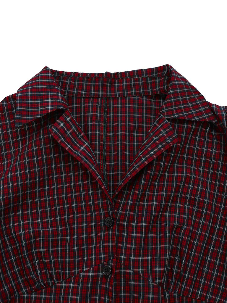 [Pre-sale] Red 1950s Plaid Lapel Puff Sleeves Cotton Dress