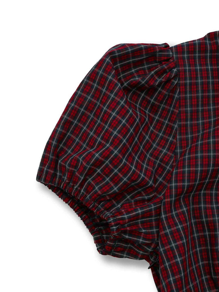 [Pre-sale] Red 1950s Plaid Lapel Puff Sleeves Cotton Dress