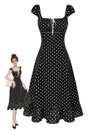 1940s Square Neck Polka Dot Ruffle Dress