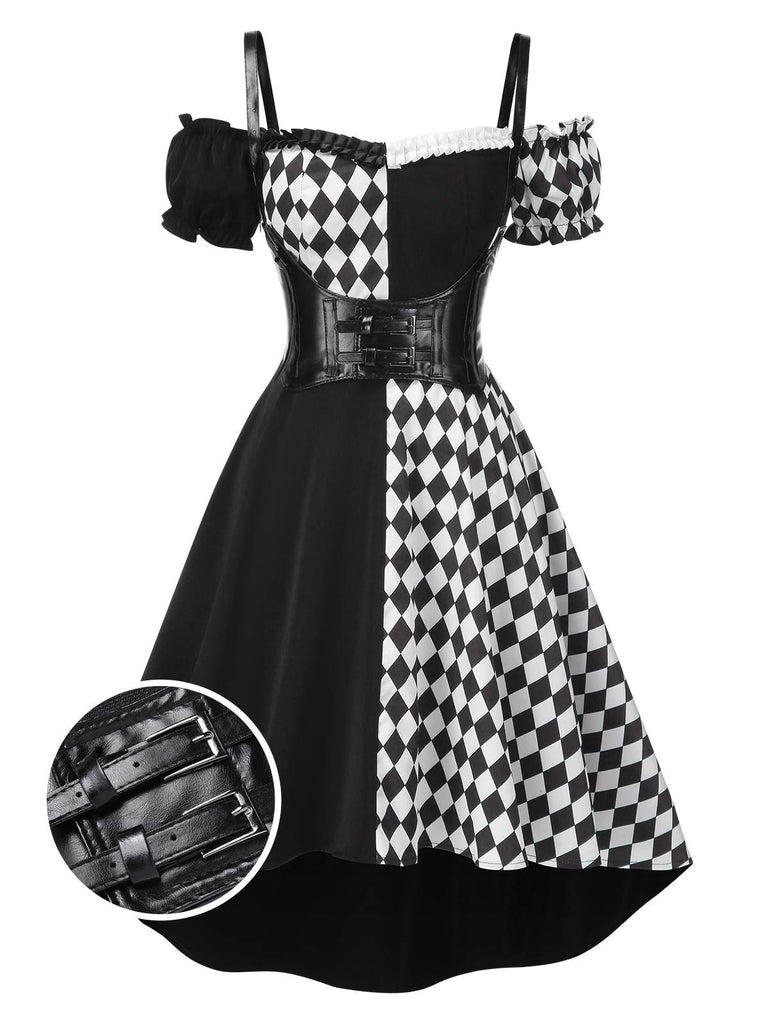[Pre-Sale] Black 1950s Halloween Harlequin Pattern Dress & Leather Corset