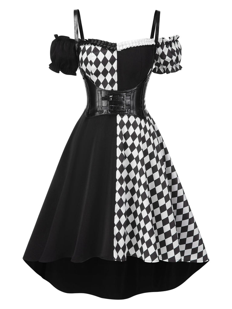 [Pre-Sale] Black 1950s Halloween Harlequin Pattern Dress & Leather Corset