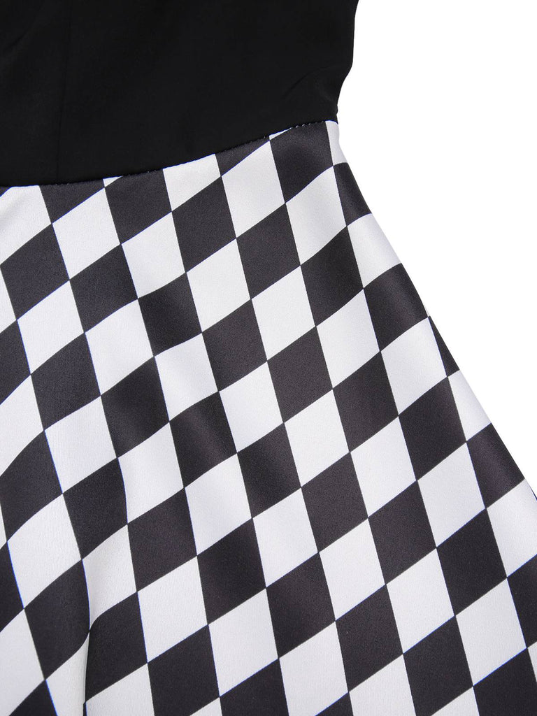 [Pre-Sale] Black 1950s Halloween Harlequin Pattern Dress & Leather Corset