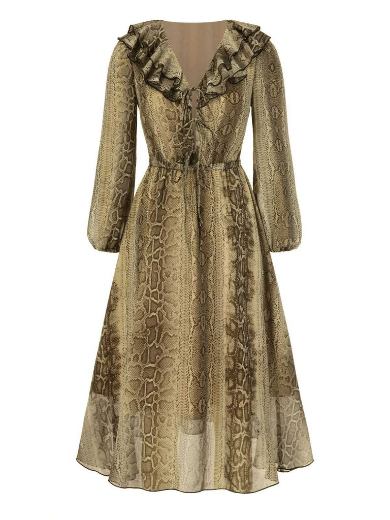 [Pre-Sale] Brown 1980s Snake Print Ruffled Chiffon Dress