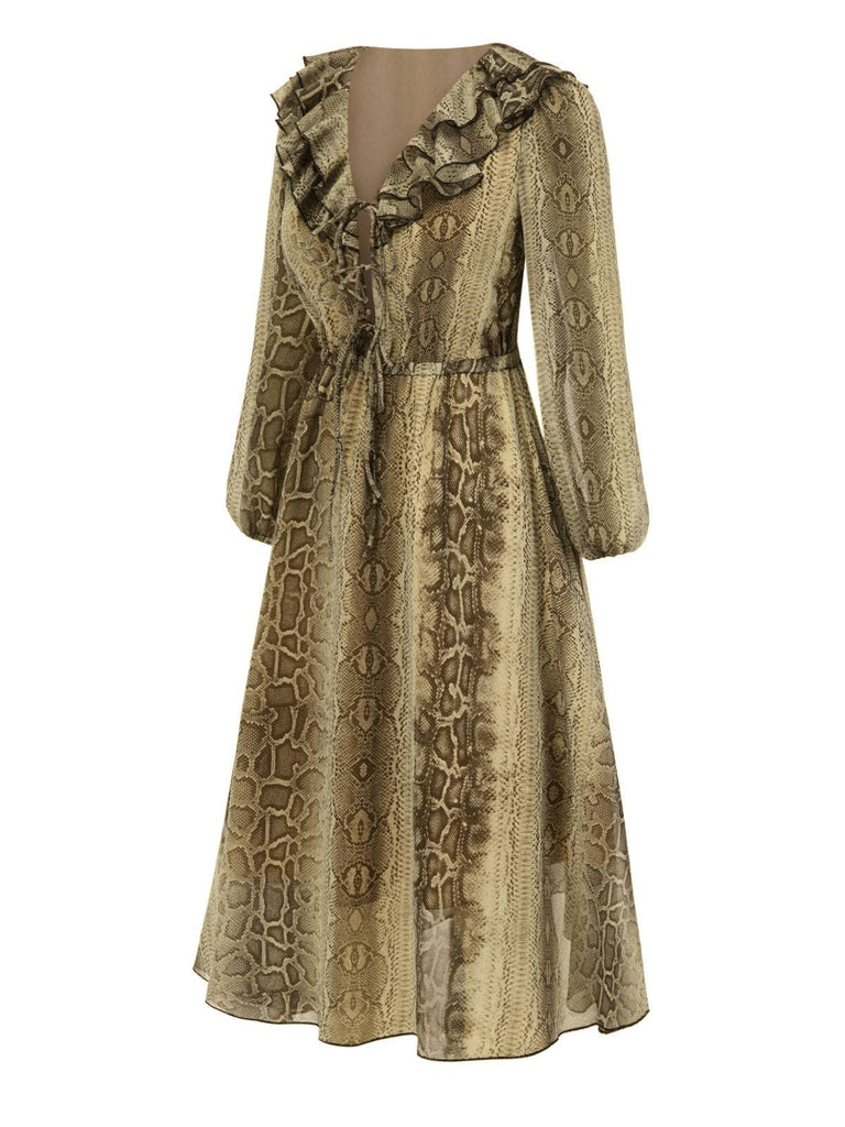 [Pre-Sale] Brown 1980s Snake Print Ruffled Chiffon Dress