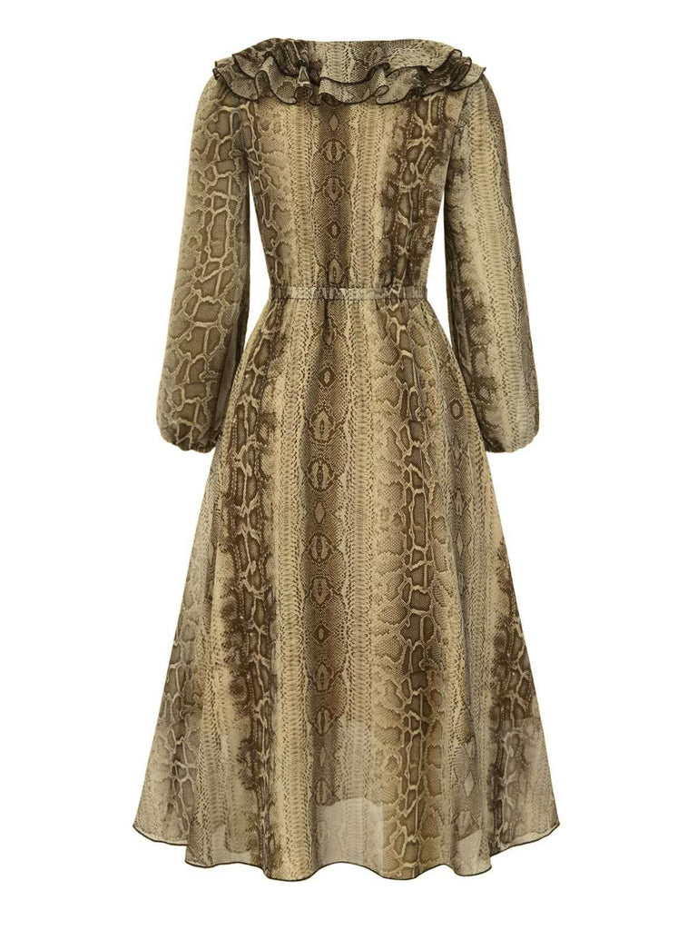 [Pre-Sale] Brown 1980s Snake Print Ruffled Chiffon Dress