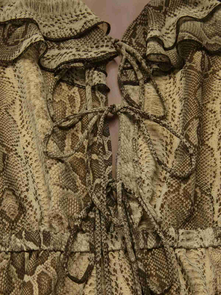 [Pre-Sale] Brown 1980s Snake Print Ruffled Chiffon Dress