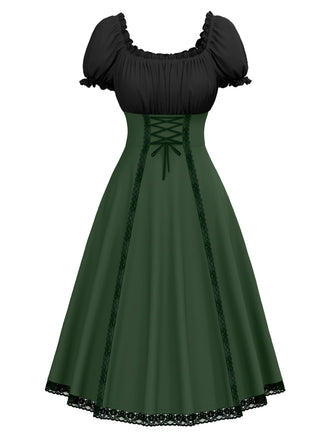 Green 1940s Colorblock Lace-Up Dress