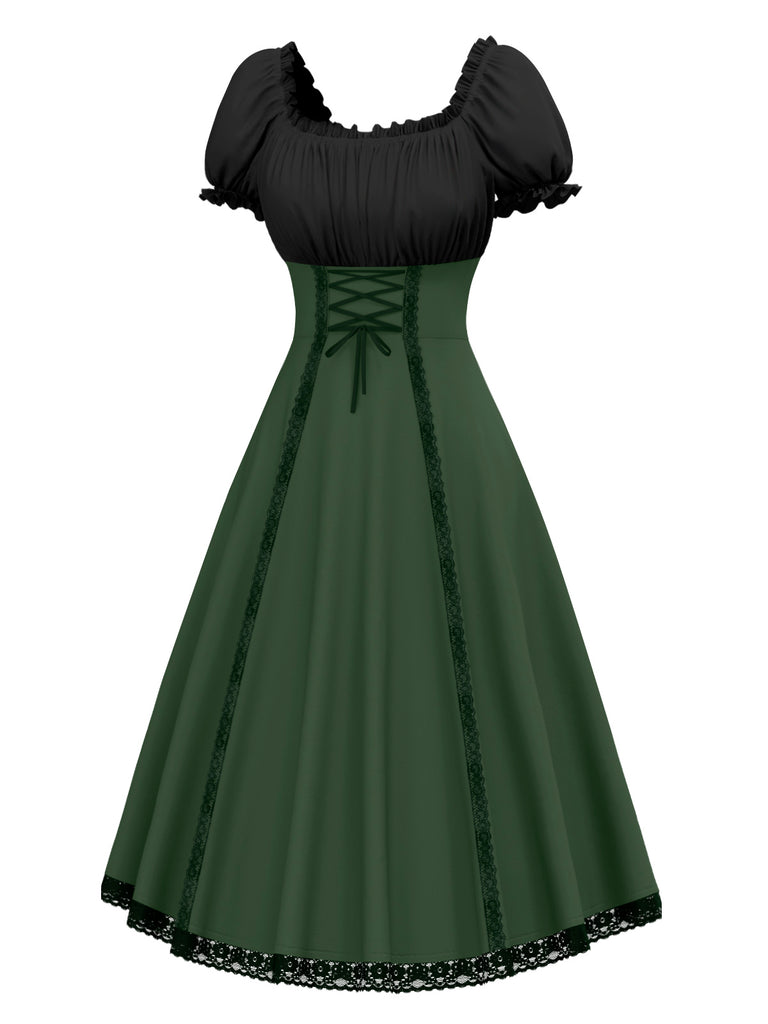 Green 1940s Colorblock Lace-Up Dress