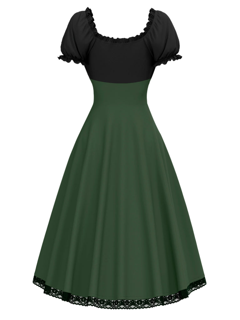 Green 1940s Colorblock Lace-Up Dress