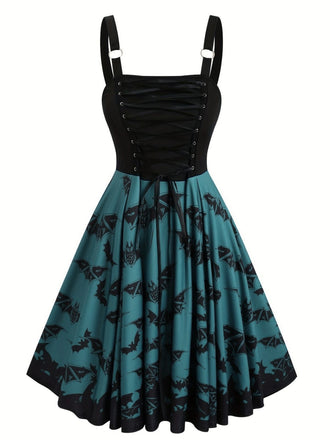 [Plus Size] Dark blue 1950s Bat Lace-Up Halloween dress