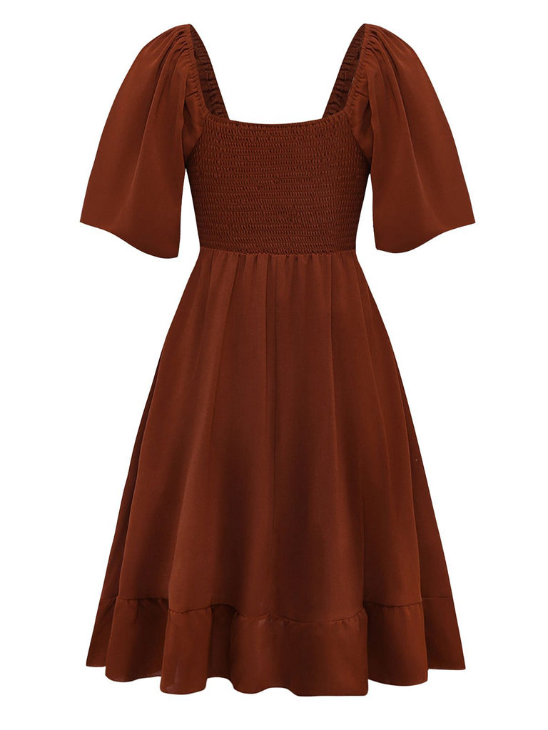 Brown 1950s Embroidered Floral Ruffled Ruched Dress