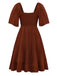 Brown 1950s Embroidered Floral Ruffled Ruched Dress