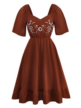Brown 1950s Embroidered Floral Ruffled Ruched Dress