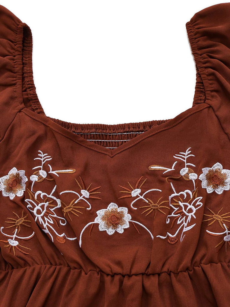 Brown 1950s Embroidered Floral Ruffled Ruched Dress