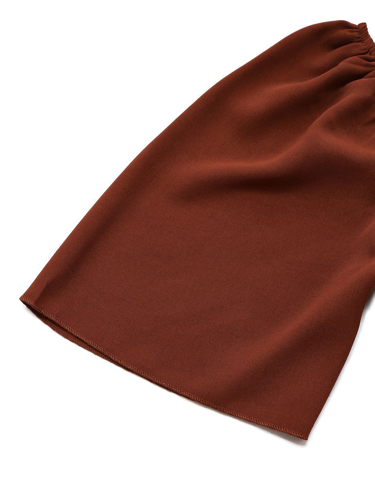 Brown 1950s Embroidered Floral Ruffled Ruched Dress