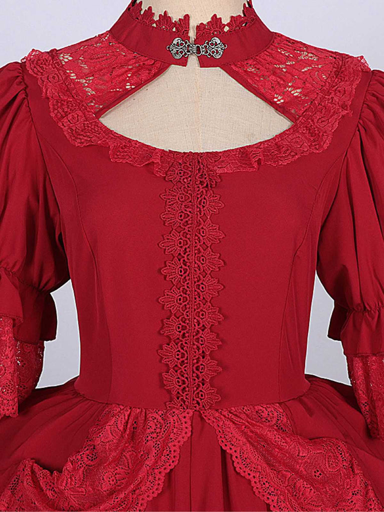 1950s Palace Style Cutout Neck Lace Patchwork Dress
