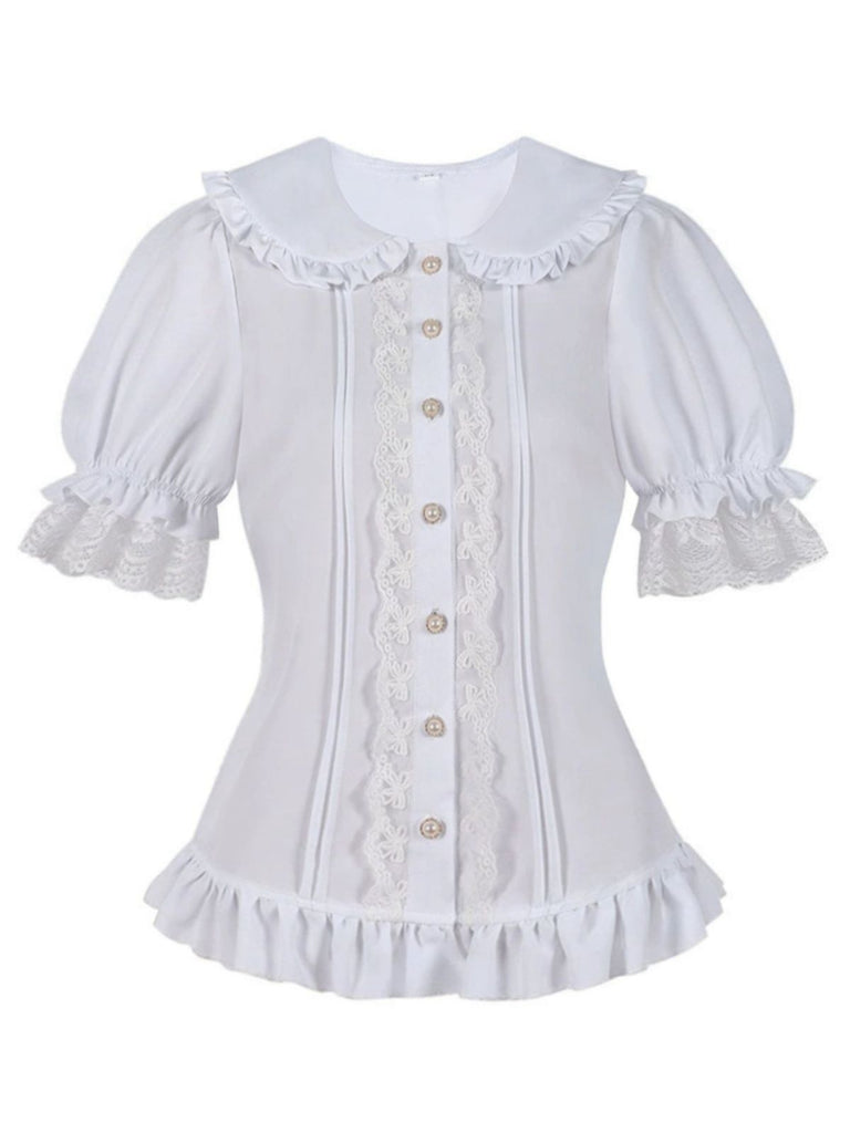 1950s Solid Peter Pan Collar Lolita Lace Ruffled Blouse