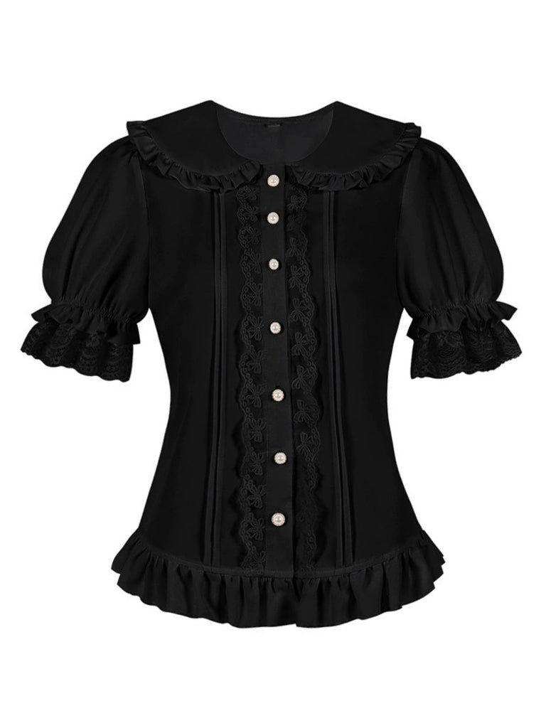 1950s Solid Peter Pan Collar Lolita Lace Ruffled Blouse