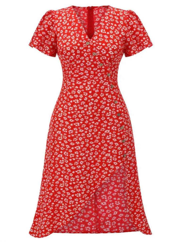 [Plus Size] Red 1940s Floral V-Neck Added Button Dress